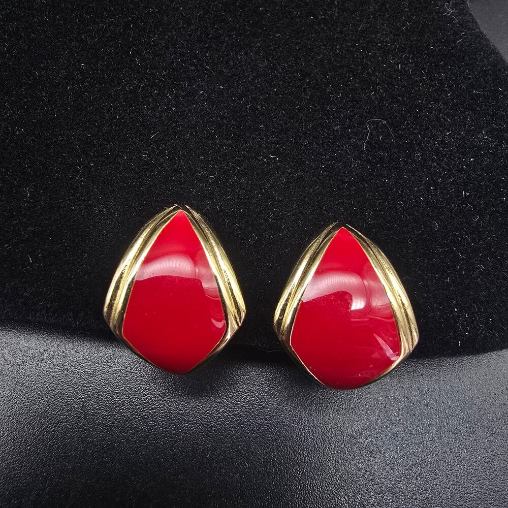 Monet Red Enamel Clip On Earrings Gold Tone Vintage Costume Jewelry